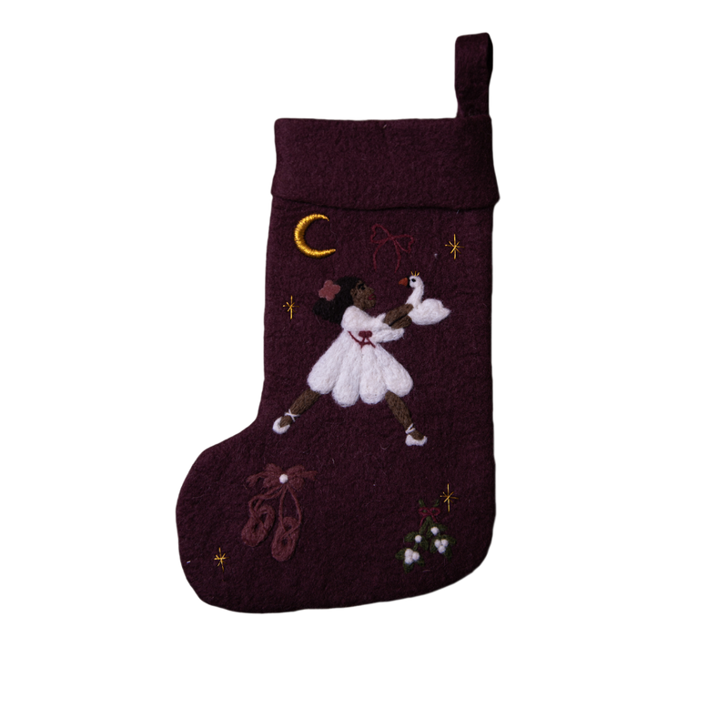 Fully handcrafted dark grape holiday stocking featuring a meticulously embroidered Odette and an array of enchanting holiday motifs, made from 100% wool.