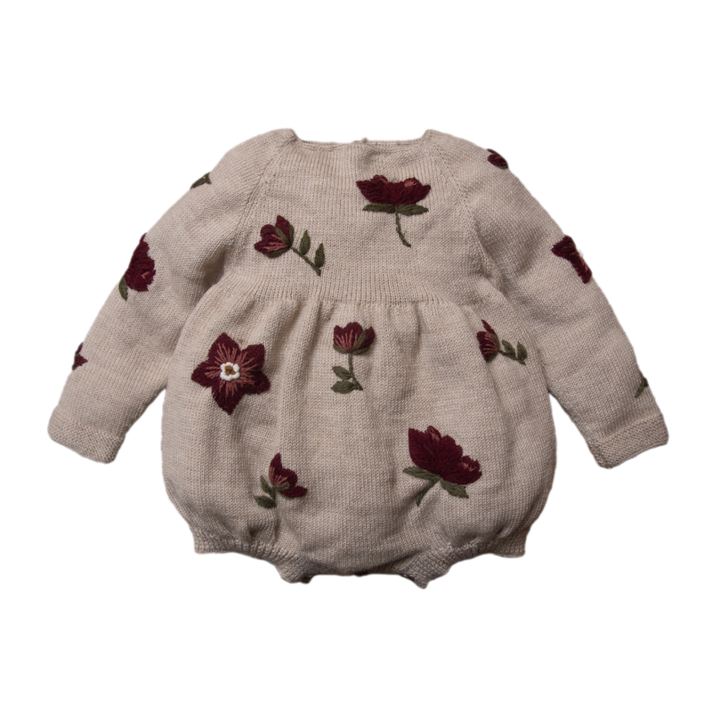 Hand-Embroidered Merino Wool Hellebores Romper – Cozy Baby Knitwear