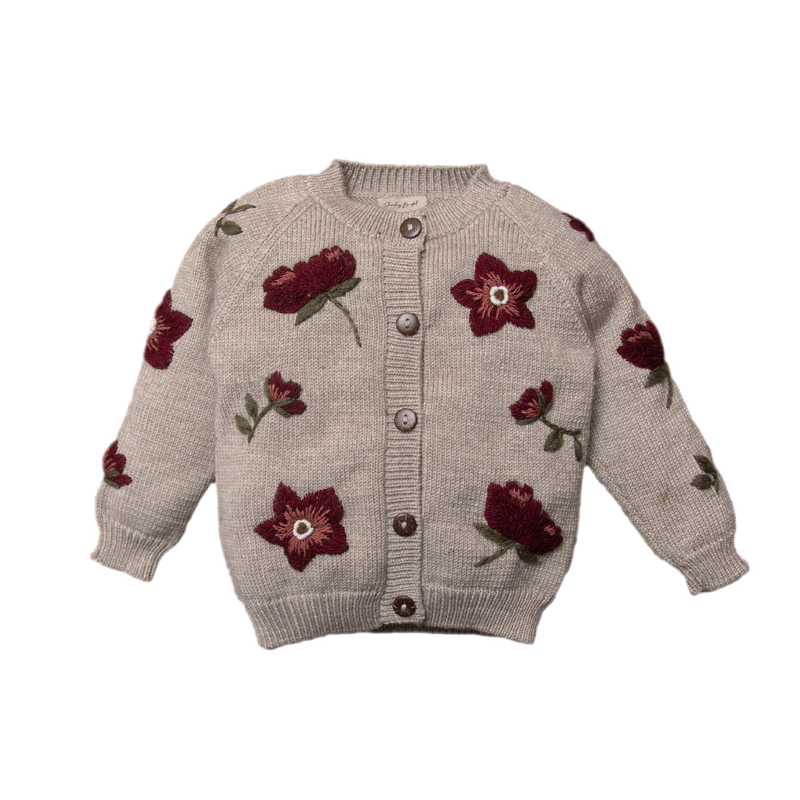 knitted and embroidered hellebores cardigan for kids and babies