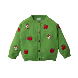 A green wool cardigan with hand-embroidered red apples and wooden buttons for children.