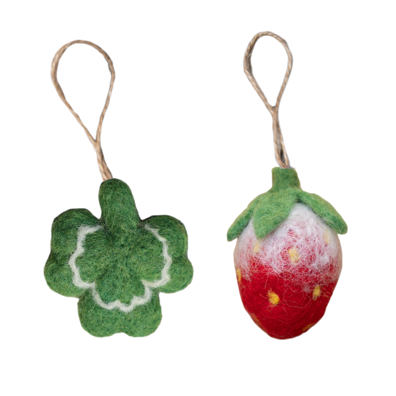 hand felted clover and strawberry ornaments