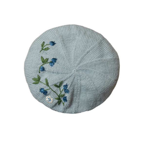 knitted and hand embroidered blueberries beret