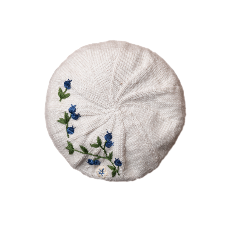 knitted and hand embroidered blueberries beret