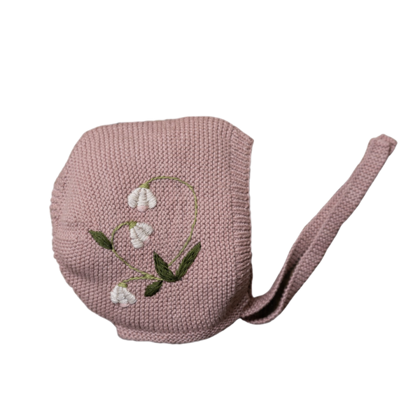 knitted and hand embroidered botanical bonnet
