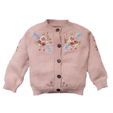Pink cardigan with floral embroidery on a white background