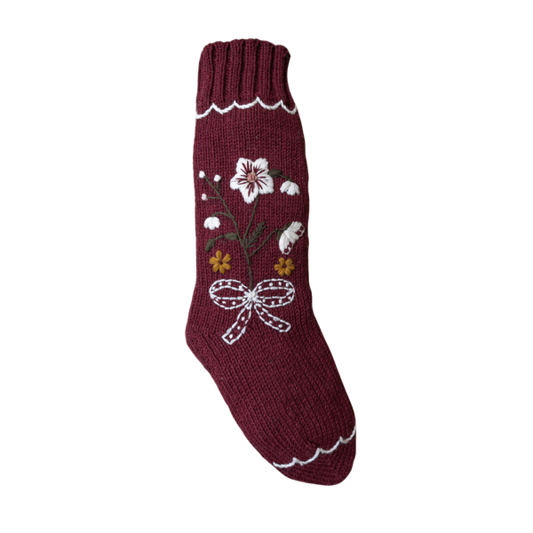 Shirley Bredal maroon knitted Christmas stocking with floral embroidery