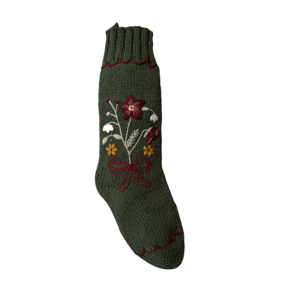 Shirley Bredal green knitted Christmas stocking with floral embroidery
