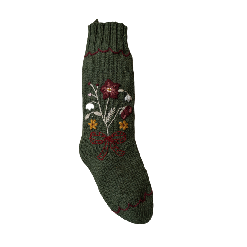 Shirley Bredal green knitted Christmas stocking with floral embroidery