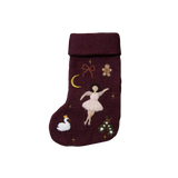 Fully handcrafted dark grape holiday stocking featuring an embroidered ballerina and enchanting holiday motifs, made from 100% wool.