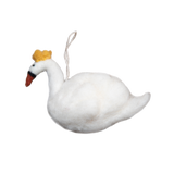 Hand-felted white swan ornament, crafted from fine wool to capture the graceful essence and elegance of the majestic bird.