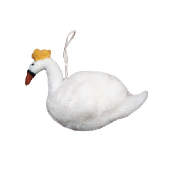 Hand-felted white swan ornament, crafted from fine wool to capture the graceful essence and elegance of the majestic bird.