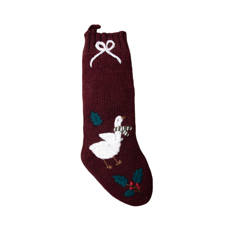 Goose stocking in Dark Grape color with hand-embroidered Christmas goose wearing a scarf, showcasing traditional festive design.