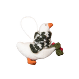 Felted goose ornament with a scarf, showcasing meticulous craftsmanship and intricate details. The whimsical design adds character and a cozy, handmade appeal to holiday decor.