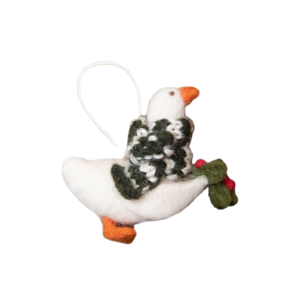 Felted goose ornament with a scarf, showcasing meticulous craftsmanship and intricate details. The whimsical design adds character and a cozy, handmade appeal to holiday decor.