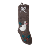 Goose stocking in Nutty Brown color with hand-embroidered Christmas goose wearing a scarf, showcasing traditional festive design.