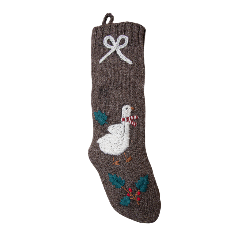 Goose stocking in Nutty Brown color with hand-embroidered Christmas goose wearing a scarf, showcasing traditional festive design.