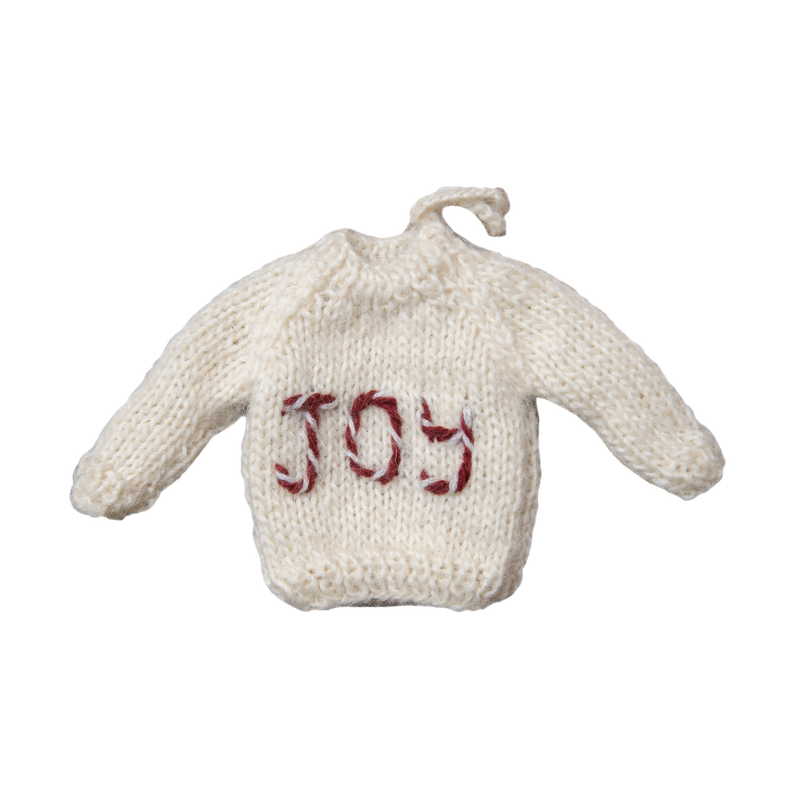 Sweater ornament with 'JOY' embroidery, showcasing a festive design perfect for decorating your Christmas tree and gifts.