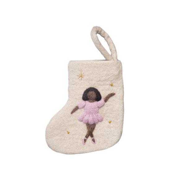 felted mini stocking in cream color with ballerina on it