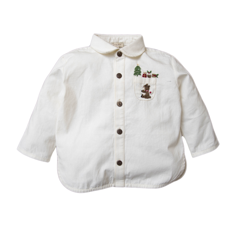 white sewn shirt for boys with hand embroidered teddy and other christmas motifs