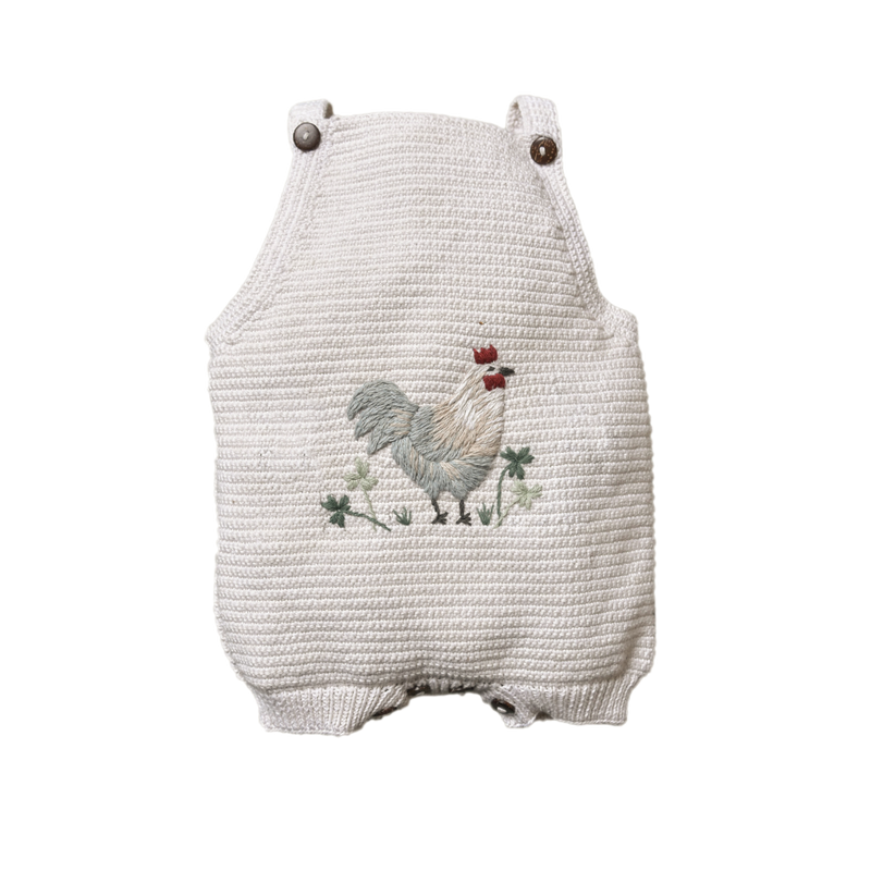 Chicken Romper - Marshmellow, Organic Cotton, Chicken Embroidery, Perfect for Spring & Summer.

