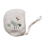 Chicken Bonnet - Marshmellow, Hand-Knitted in Soft Vegan Cotton with Chicken & Clover Embroidery.