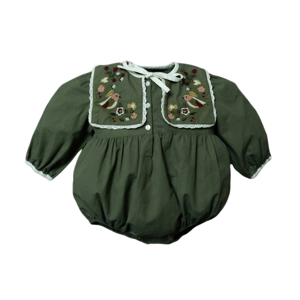 A green romper for babies, featuring a generously sized collar with intricate embroidery of birds and floral motifs.