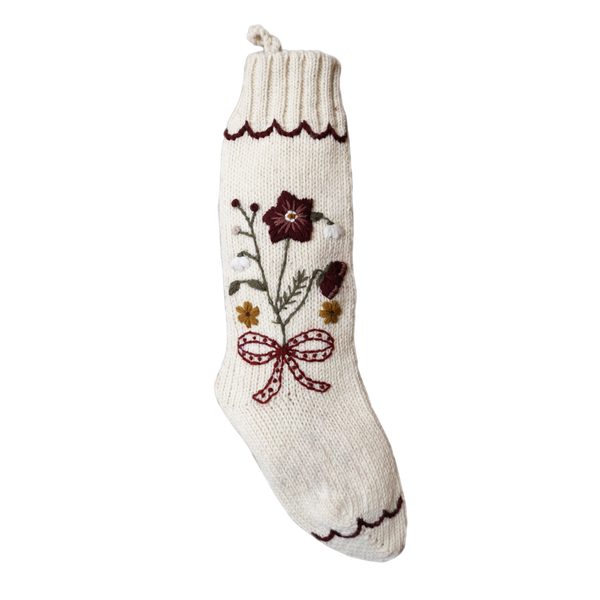 Shirley Bredal white knitted Christmas stocking with floral embroidery