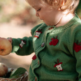 A toddler wearing a green knit cardigan with red apple patches and white diaper, sitting outdoors near a basket and holding an apple.