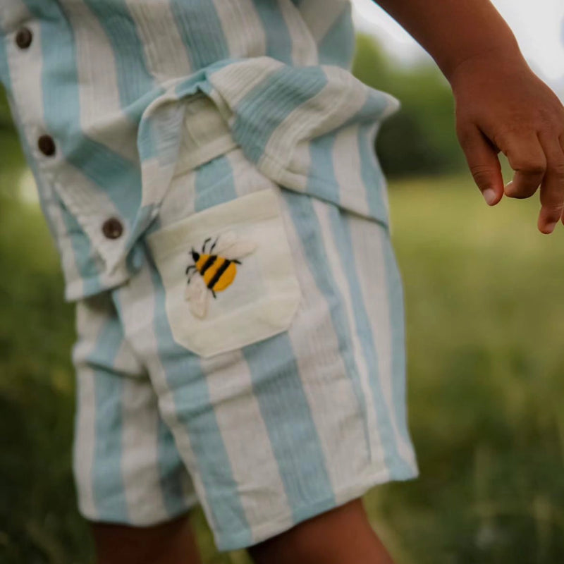 Child wearing Ladybird Set, showing detail with embroidered bee decoration.







