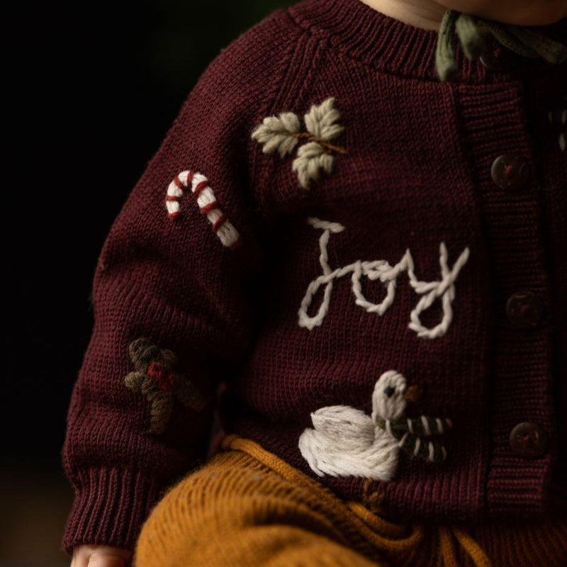 a baby wearing knitted and embroidered holiday goose cardigan for christmas in color grape