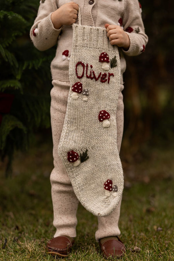 knitted and embroidered personalized mushroom stocking for christmas