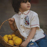 Child holding a basket of lemons wearing a embroidered outfit.