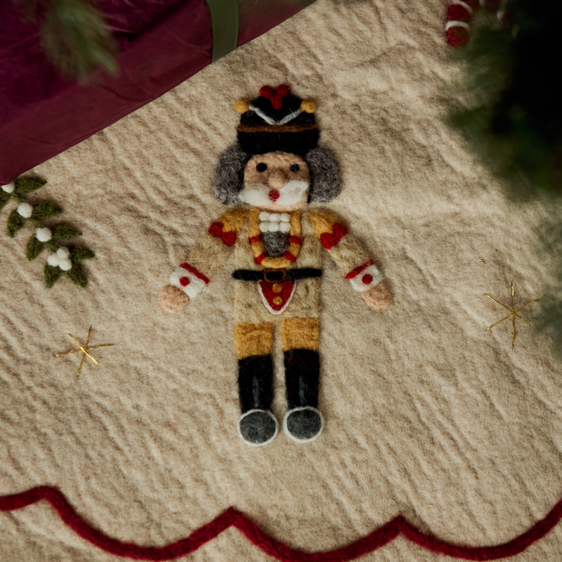 Close-up of the Nutcracker Heirloom Tree Rug, highlighting intricate details and festive designs