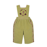 A sleeveless olive green corduroy romper for toddlers, featuring floral embroidery on the chest and decorative pink and purple embroidered details along the side seams, shown against a plain white background.