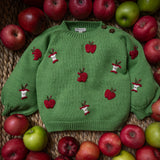 A green knit sweater with embroidered red apples and small white accents, laid flat on a woven surface surrounded by red and green apples.