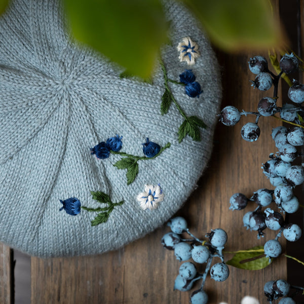 knitted and hand embroidered blueberries beret