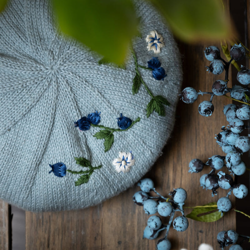knitted and hand embroidered blueberries beret