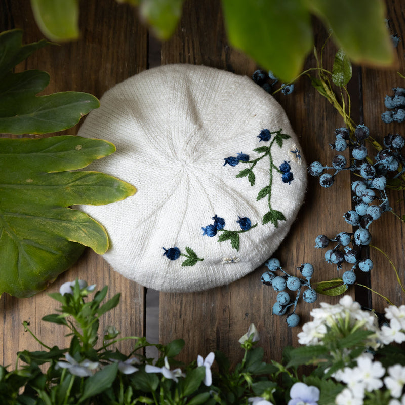 knitted and hand embroidered blueberries beret