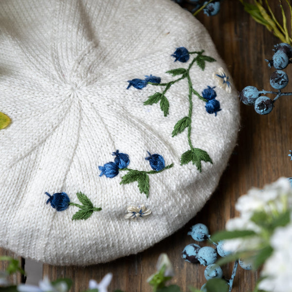 knitted and hand embroidered blueberries beret