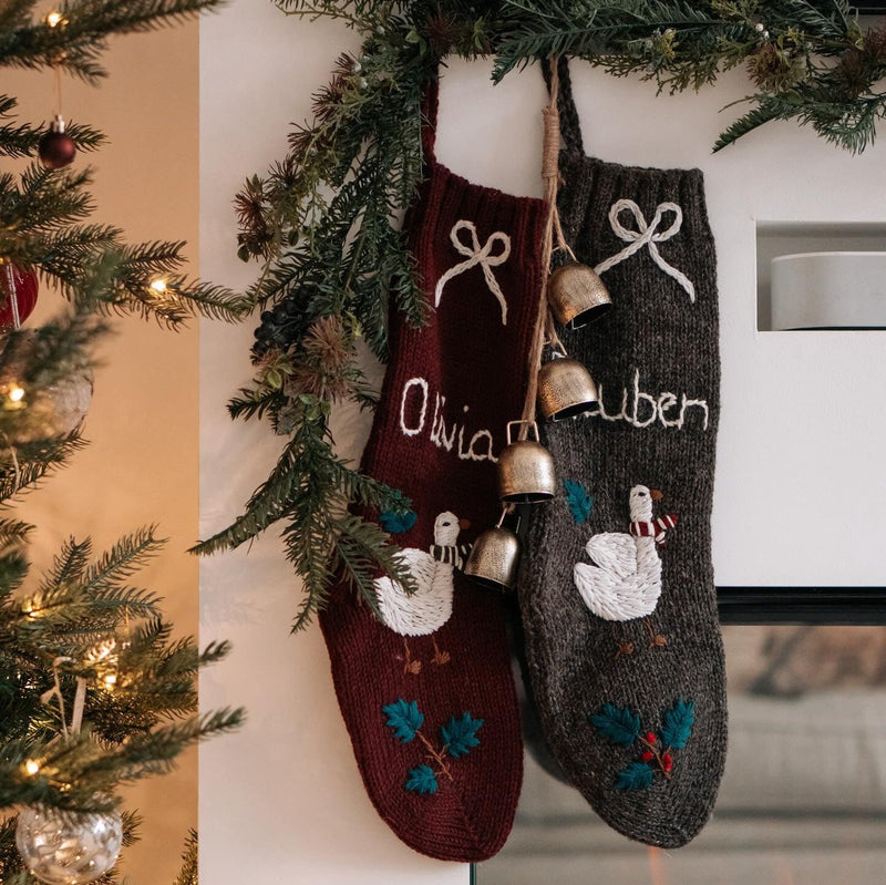 knitted and embroidered goose stockings with personalized name