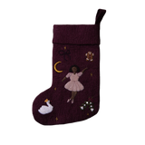 Fully handcrafted dark grape holiday stocking featuring an embroidered ballerina and enchanting holiday motifs, made from 100% wool.