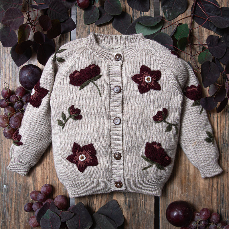 knitted and embroidered hellebores cardigan for kids and babies