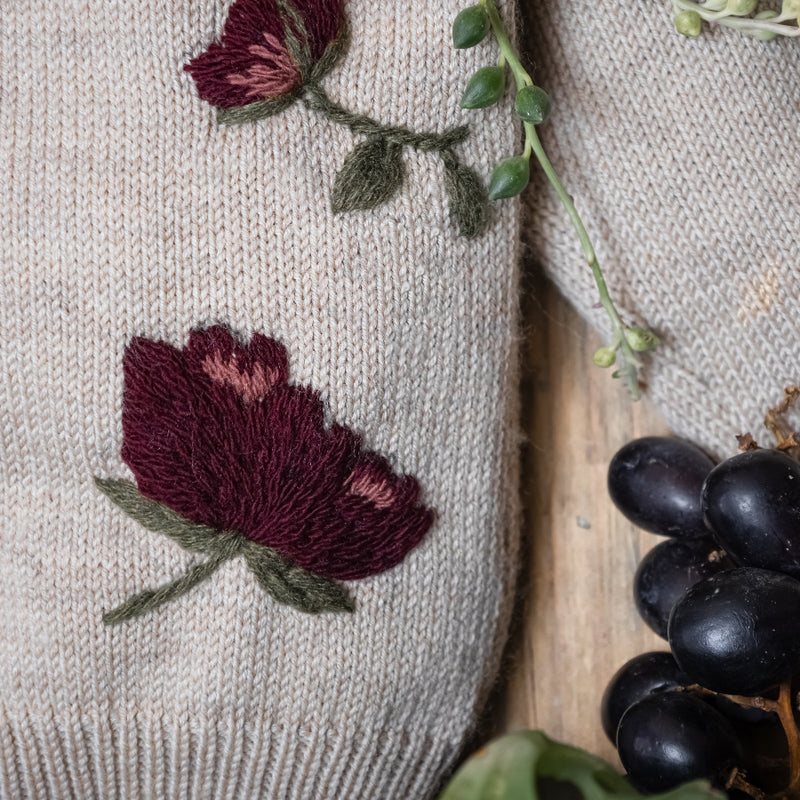 CLOSE UP OF THE HELLEBORES KNITTED CARDIGAN