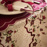 Close-up of the Hellebores Christmas tablecloth, highlighting the intricate hand-painted design and high-quality linen blend fabric.