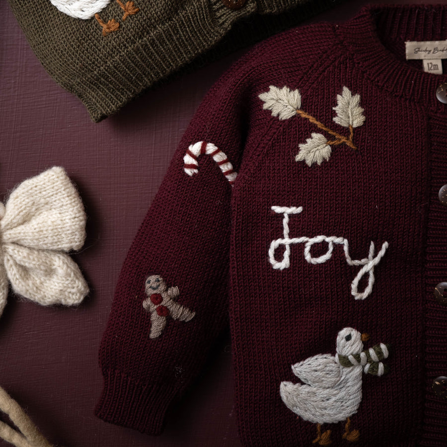 Festive Kids' Wool Cardigan - Grape | Hand-Embroidered Holiday Warmth