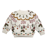 Christmas Joy Sweater for kids in cream white, featuring luxurious hand-embroidered holiday motifs like candy canes and gifts, blending festive charm with cozy comfort.