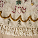 Close-up of hand-embroidered details on Joy Heirloom Tree Rug, highlighting the intricate craftsmanship and festive design elements.