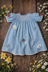 Flat lay of a light blue embroidered children’s dress surrounded by flowers
