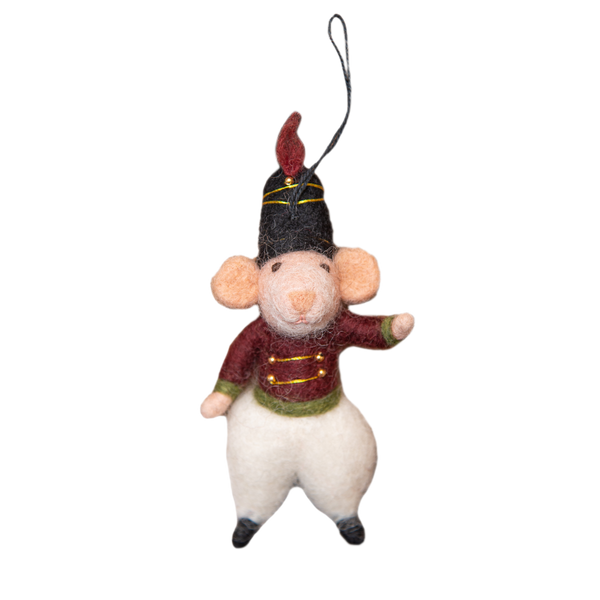 Handcrafted mouse nutcracker ornament with intricate detailing and a charming design, showcasing traditional craftsmanship and whimsical holiday spirit.