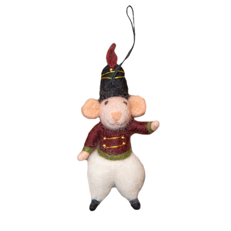 Handcrafted mouse nutcracker ornament with intricate detailing and a charming design, showcasing traditional craftsmanship and whimsical holiday spirit.